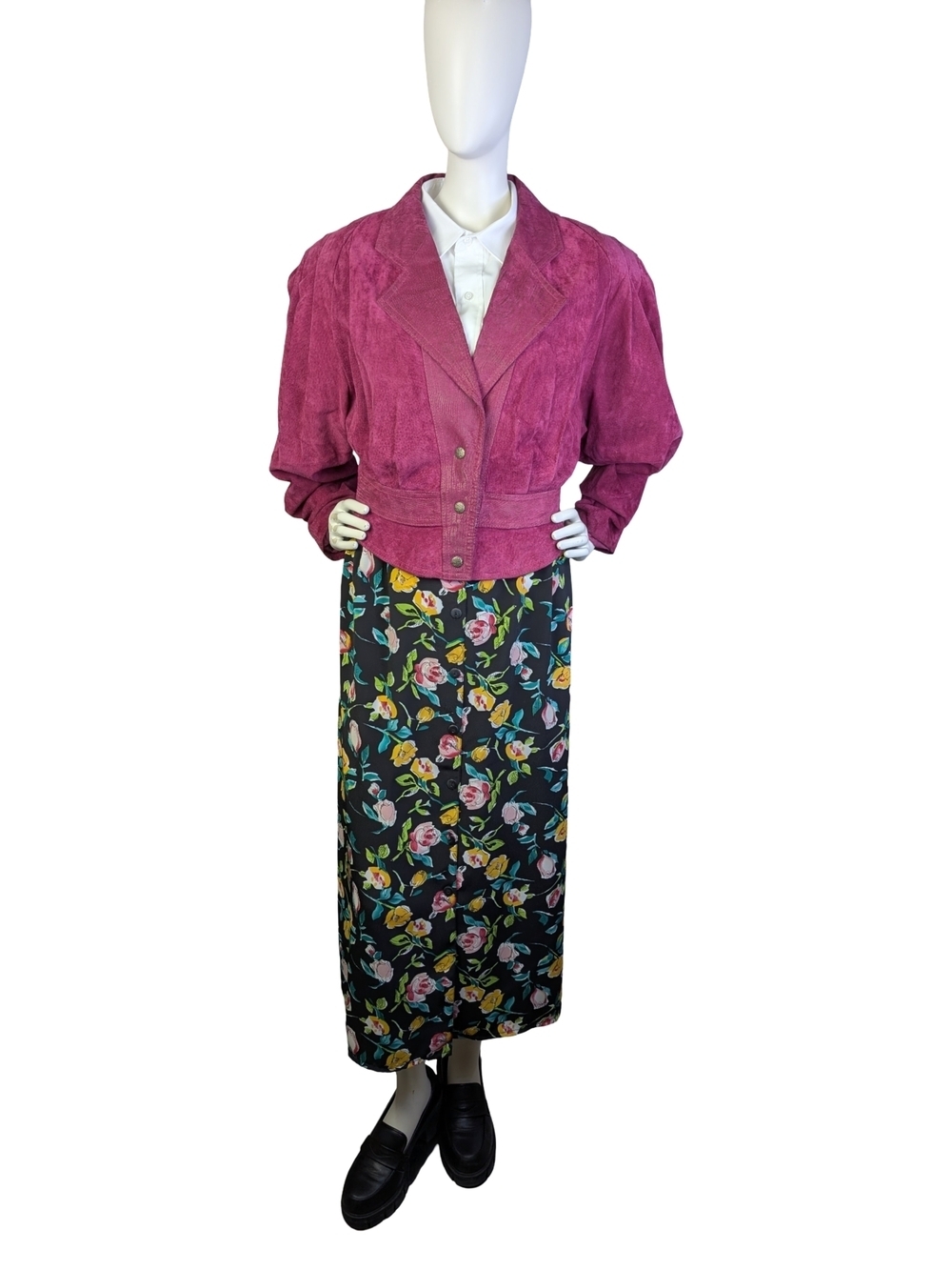 Vintage 80s Magenta Suede Puff Sleeve Cropped Jacket | Glam Moto | Size Small